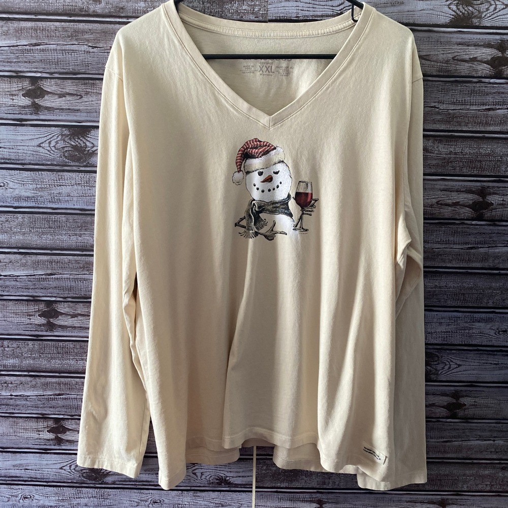 Life Is Good Women's Long-Sleeved Crusher Tee Size XXL Snowman Wine‎ V-Neck